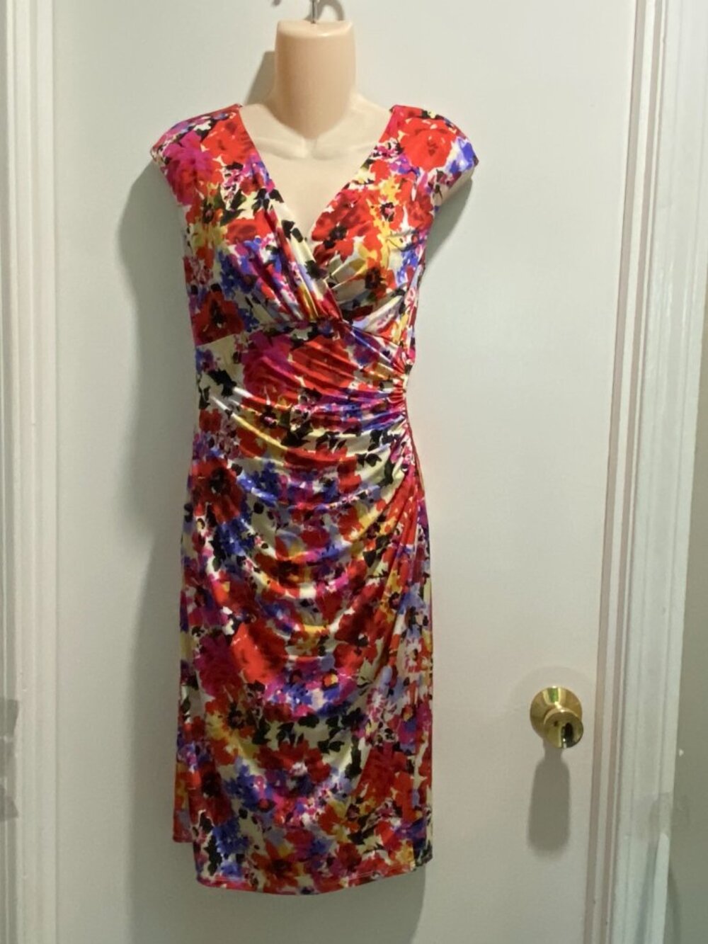 Lauren RL Ruched Vibrant Floral Pr. Pull On Babydoll Party Romantic Midi Dress 6